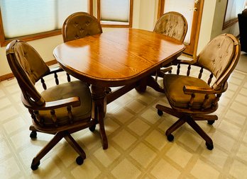 Vintage Wood Expandable Pedestal Table With 4 Rolling Chairs