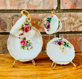 Two Vintage Floral Glass Tea & Saucer Sets