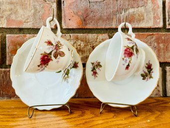 Two Vintage Floral Glass Tea & Saucer Sets