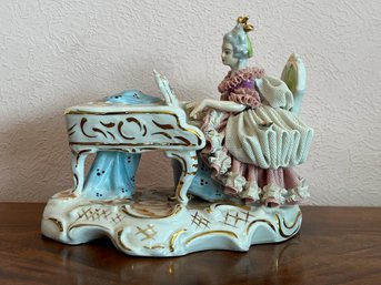Antique Dresden China Lady Playing Piano Figurine