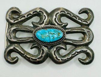 Sleeping Beauty Turquoise Old Pawn Sterling Silver Belt Buckle
