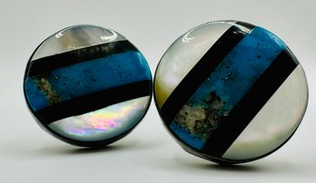 Mother Of Pearl And Turquoise Inlaid Sterling Silver Cuff Links
