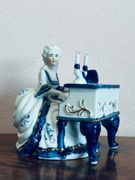 Vintage Porcelain Blue And White Victorian Lady Playing Piano