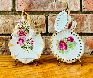 Two Vintage Floral Glass Tea & Saucer Sets