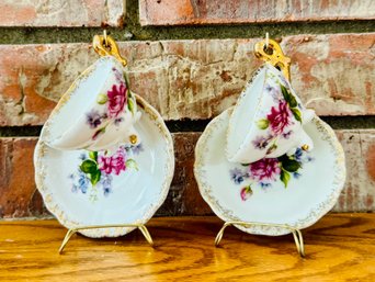 Two Vintage Floral Glass Tea & Saucer Sets