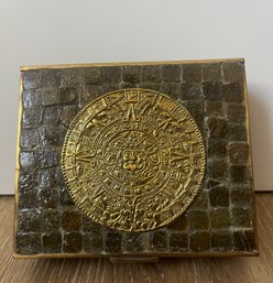 Mosaic Cigarette Box With Aztec Calendar - Olive Green