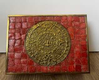 Mosaic Cigarette Box With Aztec Calendar - Coral Red