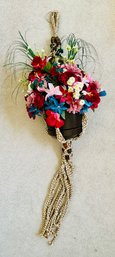 Long Beaded Macrame Plant Holder With Faux Flowers