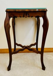 Vintage Carved Pedestal Wood Glass Top Side Table