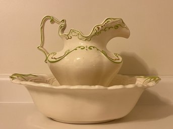 Vintage Large Cream And Green Accent Pitcher With Bowl