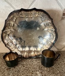 Beautiful Silverplate Serving Dish With Pair Of Baby Cups