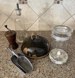 Scoops, Cruet, Spice Grinder And Stoneware Butter Dish