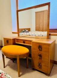 Vintage Mid-century Wood Vanity Dresser With Velvet Oval Chair