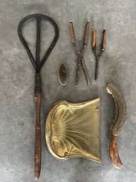 Antique Household Tools - Spring Rug Beater, Curling Irons, Dustpan And Flower Frog