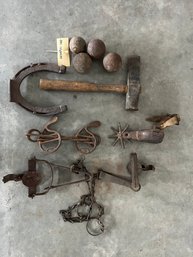 Antique Traps, Spur, Horse Bit And Ore Crushers