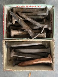 Two Cigar Boxes Full Of Railroad Spikes