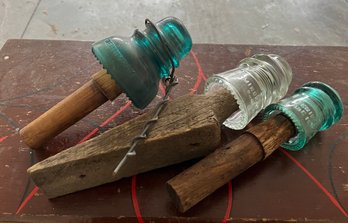 Trio Of Glass Insulators - Screwed On Their Posts