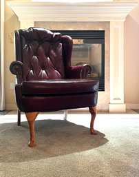 Vintage Traditional Button Tufted Oxblood Leather Wingback Chair