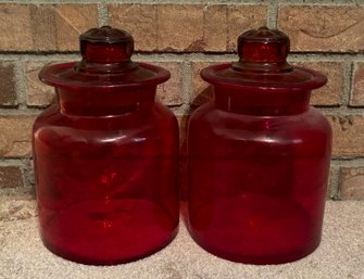 Pair Of Red Glass Jars