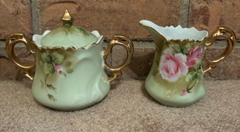 Pair Of Gold Rimmed Porcelain Sugar & Creamer Set