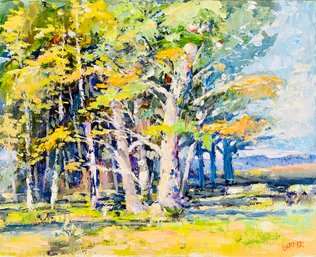 Jim Barker Signed Tree Line Acrylic Painting On Board- Unframed