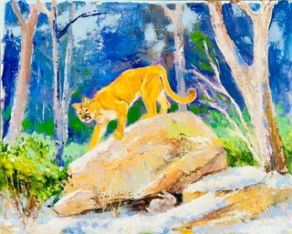 Jim Barker Signed Mountain Lion Acrylic Painting On Board- Unframed