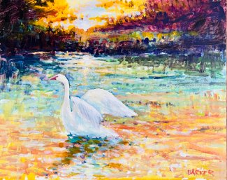 Jim Barker Signed Swan Acrylic Painting On Board- Unframed