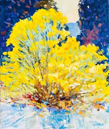 Jim Barker Signed Yellow Bush Acrylic Painting On Board- Unframed