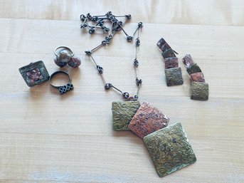 Decorative Metal Tile Jewelry Including Rings And Necklace