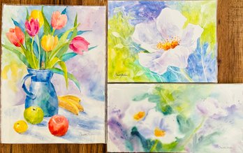 3 Claudette Barker Signed Flower Themed Watercolor Paintings, Unframed