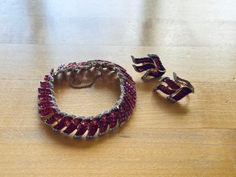 Trifari Cranberry Red Jewel Bracelet And Earrings