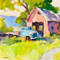 Jim Barker Signed Garage And Truck Acrylic Painting, Unframed