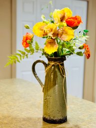 Rustic Ceramic Vase With Handle And Faux Flowers