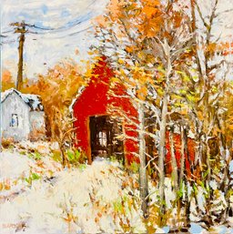 Jim Barker Signed Red Barn Acrylic Painting, Unframed