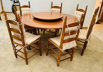 Vintage Maple Wood Round Dinning Table W Lazy Susan And 7 Chairs