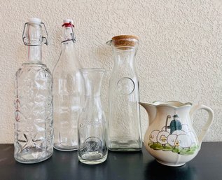 Grouping Of Containers: 2 Carafes, 2 Bottles And A Small Pitcher