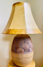 Signed Pottery Base Table Lamp With Leather Art Shade
