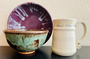 Trio Of Signed Glazed Pottery Items, Incl. Bowls And Mug