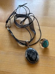 Obsidian Styled Pendant And Turquoise Ring
