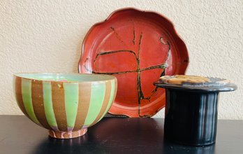Grouping Of Handmade Glazed Pottery Items, Incl. A Signed Bowl And More
