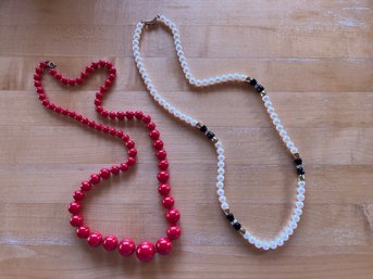 Red Beaded Necklace And Faux Pearl Necklace