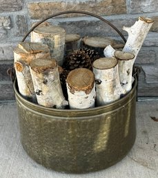 Large Copper Planter W/ Logs And Pinecones