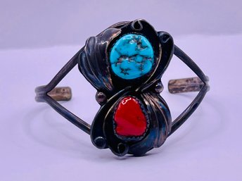 J. Yazzie Turquoise & Coral Sterling Cuff 17.5 Grams TW