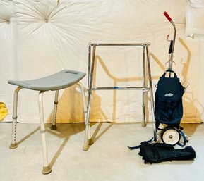 Shower Chair, Metal Walker & Oxygen Cart With Bags