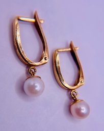 14K Yellow Gold And Pearl Earrings