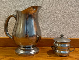 Pewter Cream And Sugar Set With Vollrath China Silver Pitcher