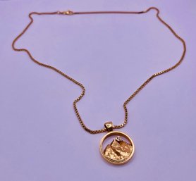 14K Yellow Gold Chain And 14K Gold Longs Peak Round Pendant With Small Diamond 14.0 Grams