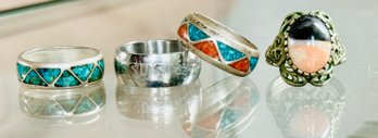 4 PC Lot Of Sterling Silver Rings Including Turquoise Inlay & More