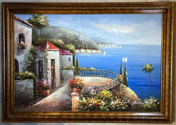 Mediterranean Villa Oil On Canvas Original Painting, Signed