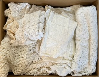 Box Full Of Lace Linens, Tea Towels And More